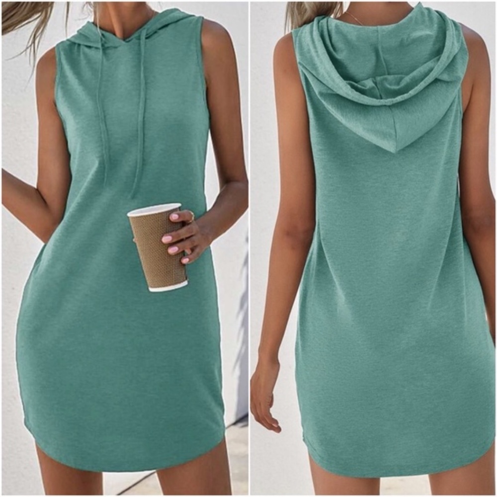 Casual Blue Minimalist Sleeveless Hoodie Dress - Picture 4 of 9